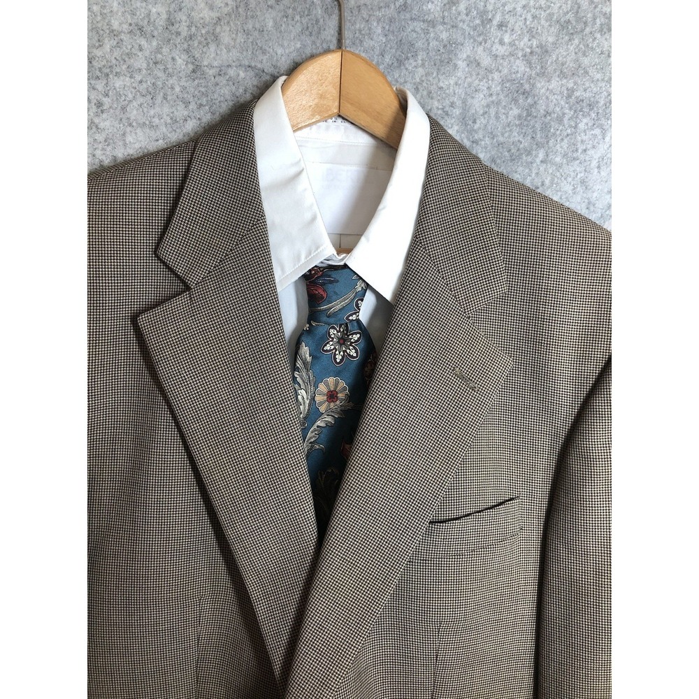 Chaps Blazer Blazer 42L Brown Wool Houndstooth Suit Coat Jacket Business Classic